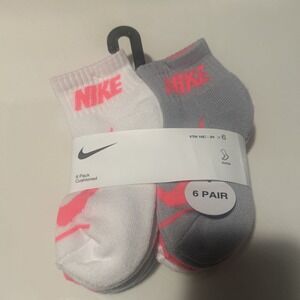 Nike Socks Youth Size 10C-3Y Ankle 6 Pair Pack CushionWhite Gray Pink Logo 5-7